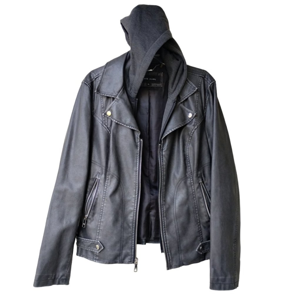 Black Rivet Vegan Leather Removable Hoodie Moto Jacket - Fits M - Carchoal/Black - Picture 5 of 16